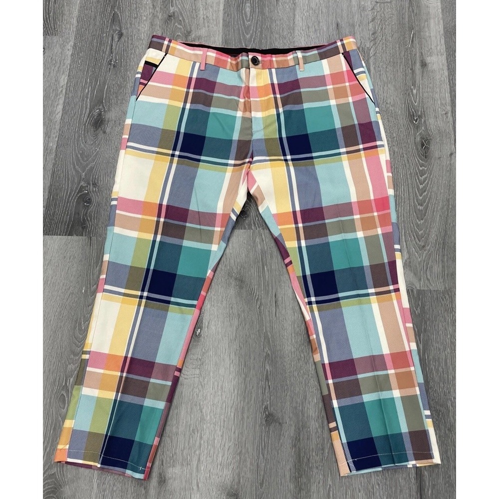 Lanzzino Mens Designer Plaid‎ Multicolor Blue Pink Green Yellow Pants Size 42x26
